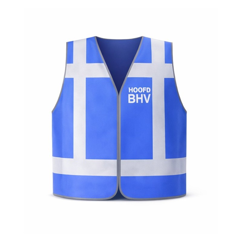Hoofd BHV hesje blauw – voorzijde met “hoofd BHV” voor professionele zichtbaarheid
