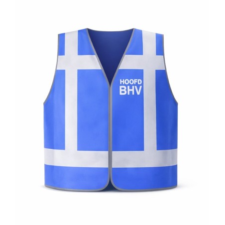Hoofd BHV hesje blauw – voorzijde met “hoofd BHV” voor professionele zichtbaarheid