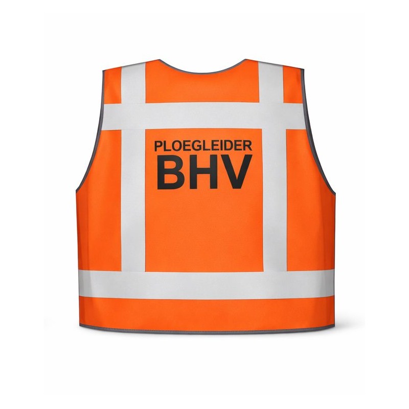 Oranje Ploegleider BHV veiligheidshesje – duidelijke achteropdruk voor snelle zichtbaarheid op de werkvloer.