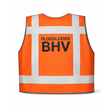 Oranje Ploegleider BHV veiligheidshesje – duidelijke achteropdruk voor snelle zichtbaarheid op de werkvloer.