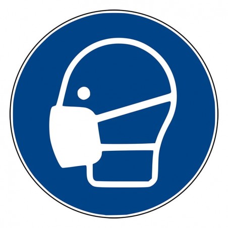 Sticker Mondkapje verplicht Ø9 cm. Blauw, rond, met wit symbool.